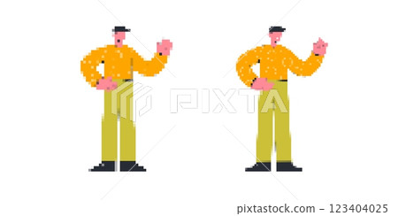 Pixel art characters in yellow shirts and green pants holding their hands up 123404025