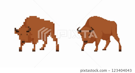 Two pixel art buffalos facing each other with horns and brown coat 123404043