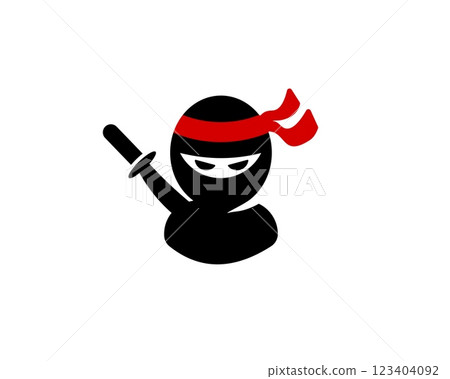 Ninja figure holding sword with red headband on clean white background 123404092