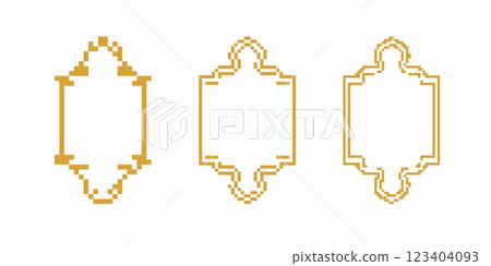 Three elegant gold pixel frames in unique and decorative designs with intricate borders 123404093