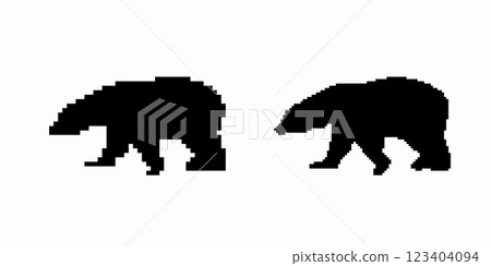 Two polar bear silhouettes in pixel art style captured in unique creative black and white design 123404094