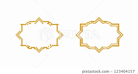 Ornamental pixel patterns in gold display symmetrical geometric designs with intricate borders Ornamental pixel patterns in gold display symmetrical geometric designs with intricate borders 123404157