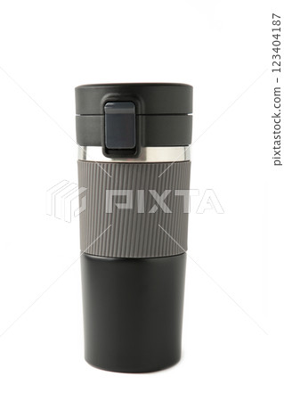 Black thermo mug isolated on white background Black thermo mug isolated on white background 123404187
