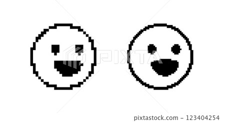 Two simple pixel faces with happy expressions on display Two simple pixel faces with happy expressions on display 123404254