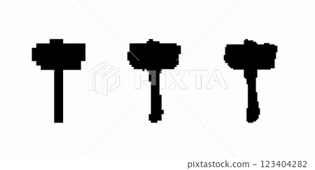 Pixelated black silhouettes of hammers on white background, abstract digital design with minimal details 123404282