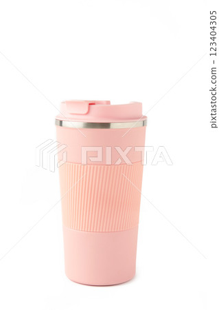 Pink thermo mug isolated on white background Pink thermo mug isolated on white background 123404305