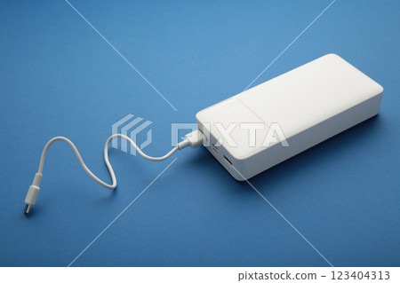 Portable powerbank with usb cable on blue background. Portable powerbank with usb cable on blue background. 123404313