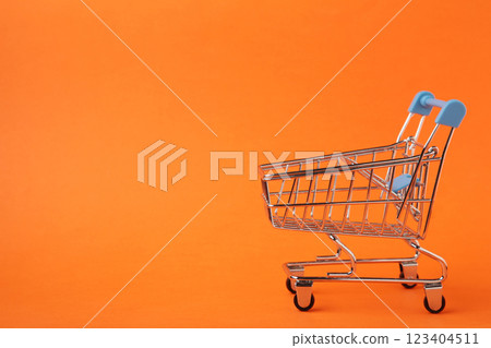 Mini shopping trolley on orange background. Top view Mini shopping trolley on orange background. Top view 123404511