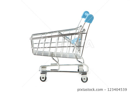 Empty mini blue shopping cart or trolley shopping isolated on white background, concept shopping in supermarket Empty mini blue shopping cart or trolley shopping isolated on white background, concept shopping in supermarket 123404539