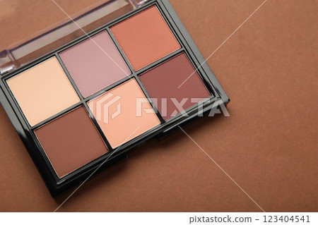 Palette of basic eyeshadows on brown background. Makeup concept 123404541