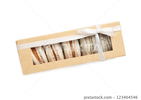 Pastel macaroons in box isolated on white background 123404546