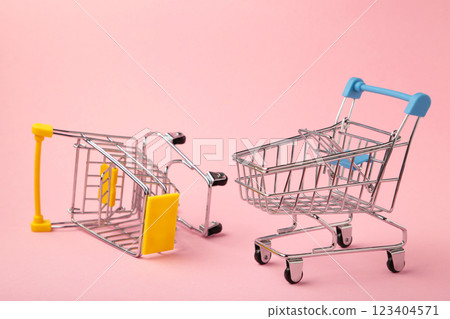 Mini shopping trolleys on pink background. Top view Mini shopping trolleys on pink background. Top view 123404571