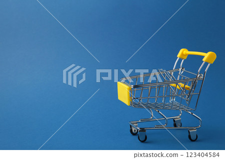 Mini shopping trolley on blue background. Top view Mini shopping trolley on blue background. Top view 123404584
