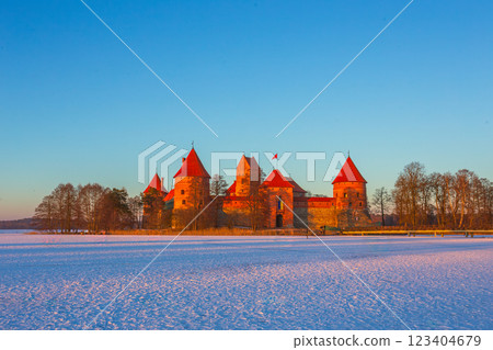 Trakai castle at winter, beautiful medieval castle in the evening light. Lithuania Trakai castle at winter, beautiful medieval castle in the evening light. Lithuania 123404679
