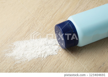 Baby powder on light background. Baby cosmetics. Space for text 123404691
