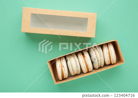 Pastel macaroons in box on mint background 123404716