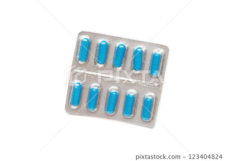 Pills capsules blue in blister medicine health on white background isolation Pills capsules blue in blister medicine health on white background isolation 123404824
