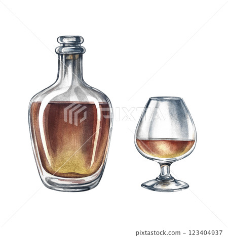 A bottle and a glass of cognac. Handmade watercolor illustration. A color image of an alcoholic beverage. Separate from the background. Perfect for menus, banners, flyers, packages, labels, invitation A bottle and a glass of cognac. Handmade watercolor illustration. A color image of an alcoholic beverage. Separate from the background. Perfect for menus, banners, flyers, packages, labels, invitation 123404937