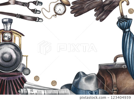 Vintage male traveler frame. Handmade watercolor illustration. A color image of a horizontal template depicting a train journey and men's accessories. For invitation and greeting cards, banners, flyer 123404939