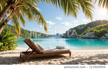 Serene tropical lagoon with crystal-clear water for travel and eco-tourism campaigns. A pristine tropical lagoon surrounded by lush greenery and white sandy shores Serene tropical lagoon with crystal-clear water for travel and eco-tourism campaigns. A pristine tropical lagoon surrounded by lush greenery and white sandy shores 123404944