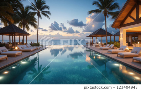 Tropical Beach Resort, Poolside Cabana, Luxe Relaxation A luxurious tropical beach resort with a private poolside cabana, deck chairs with plush cushions, Tropical Beach Resort, Poolside Cabana, Luxe Relaxation A luxurious tropical beach resort with a private poolside cabana, deck chairs with plush cushions, 123404945