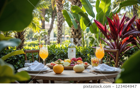 Tropical Garden, Exotic Drinks, Summer Relaxation A vibrant tropical garden with lush flowers and greenery surrounding a table with exotic drinks, garnished Tropical Garden, Exotic Drinks, Summer Relaxation A vibrant tropical garden with lush flowers and greenery surrounding a table with exotic drinks, garnished 123404947
