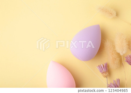 Make up - sponge with dry flowers on beige background. Space for text Make up - sponge with dry flowers on beige background. Space for text 123404985