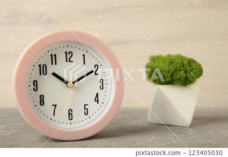 Good morning concept - modern alarm clock and houseplant on light background 123405030