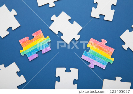Concept LGBT as a part of society - two puzzle with the coloring of the flag of sexual minorities on dark blue background 123405037