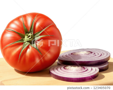 Close-up of fresh tomato slices with deep red color, showing their juicy, seeded interior, along with thinly sliced red onion 123405070