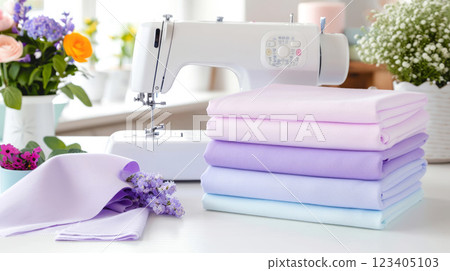 Sewing machine with stacked pastel fabrics and flowers in a cozy workspace for creative textile projects 123405103