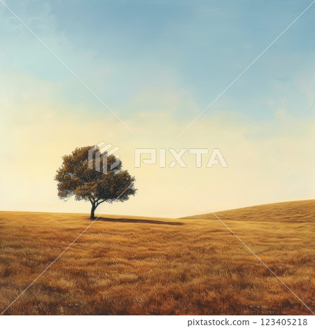 Lone Tree in Serene Golden Field Under Clear Blue Sky 123405218