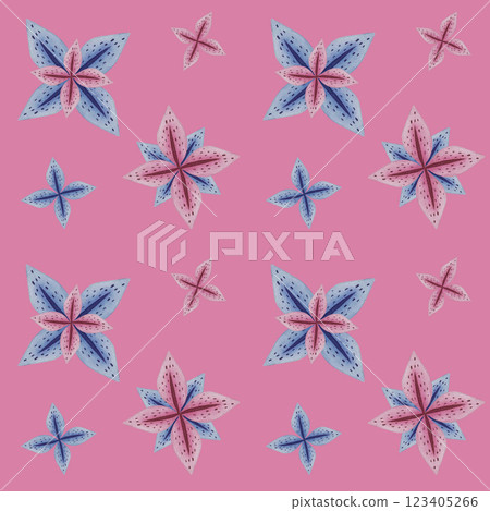 Abstract Star Flowers in Blue and Pink on Pink 123405266