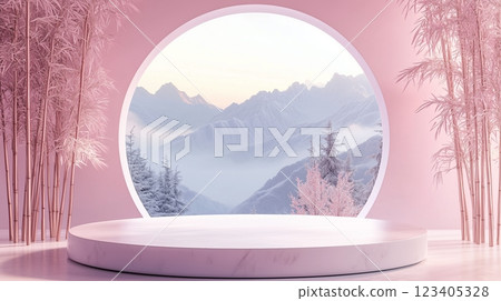 A pink podium with an arch window overlooking snow capped mountains and bamboo forests. 123405328