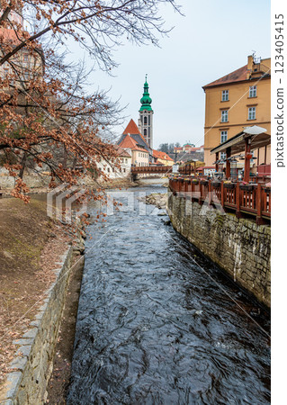 Famous romantic Old Town of Cesky Krumlov above the Vltava River. Czech Republic 123405415