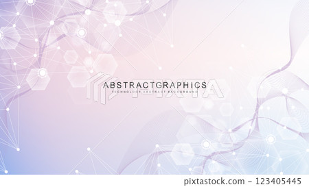 Modern scientific background with hexagons, lines and dots. Wave flow abstract background. Molecular structure for medical, technology, chemistry, science. Vector illustration Modern scientific background with hexagons, lines and dots. Wave flow abstract background. Molecular structure for medical, technology, chemistry, science. Vector illustration 123405445
