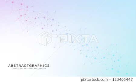Modern scientific background with hexagons, lines and dots. Wave flow abstract background. Molecular structure for medical, technology, chemistry, science. Vector illustration Modern scientific background with hexagons, lines and dots. Wave flow abstract background. Molecular structure for medical, technology, chemistry, science. Vector illustration 123405447