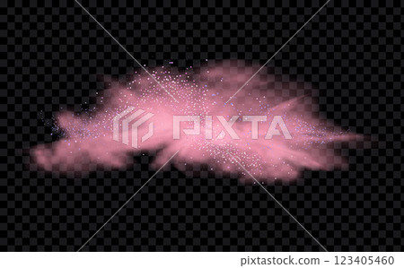 Pink powder dust with glittering shimmering swirls, shiny glitter design. Magical motion, sparkling lines on a black background. 123405460