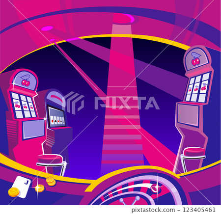 Interior casino - slot machines, chairs, light projectors. 123405461
