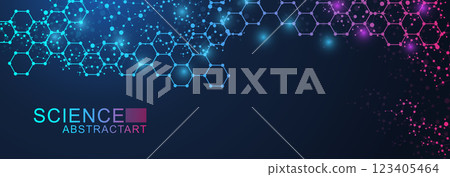 Modern scientific background with hexagons, lines and dots. Wave flow abstract background. Molecular structure for medical, technology, chemistry, science. Vector illustration 123405464