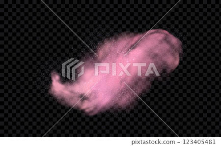 Pink powder dust with glittering shimmering swirls, shiny glitter design. Magical motion, sparkling lines on a black background. 123405481