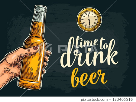 Female hand holding open beer bottles. Time to drink toast lettering. Female hand holding open beer bottles. Time to drink toast lettering. 123405516