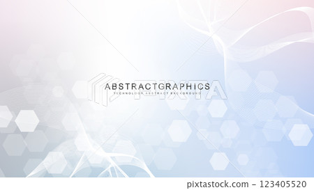 Modern scientific background with hexagons, lines and dots. Wave flow abstract background. Molecular structure for medical, technology, chemistry, science. Vector illustration Modern scientific background with hexagons, lines and dots. Wave flow abstract background. Molecular structure for medical, technology, chemistry, science. Vector illustration 123405520
