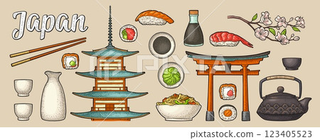 Set Japan. Fuji, pagoda, sushi, sakura. Vintage engraving 123405523