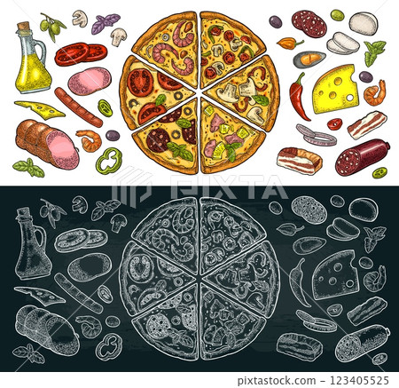 Set slice pizza Pepperoni, Hawaiian, Margherita, Mexican, Seafood, Capricciosa with ingredients. Vintage vector engraving 123405525