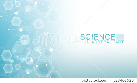 Modern abstract molecules structure for science or medical background. DNA helix or atom visualization. Molecular wave flow abstract background. Vector illustration 123405526