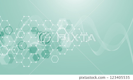 Modern scientific background with hexagons, lines and dots. Wave flow abstract background. Molecular structure for medical, technology, chemistry, science. Vector illustration 123405535