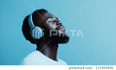 Stylish relaxed African young man enjoying listening to music with headphones, modern black guy 123405606
