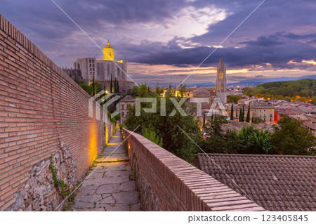 Girona Cathedral and City Walls at Dusk, Girona, Spain 123405845