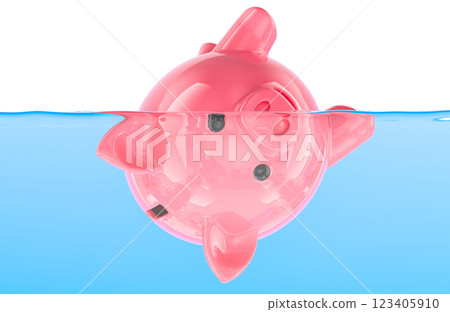 Piggy bank sinking in water. Drowning in debt, concept. 3D rendering 123405910